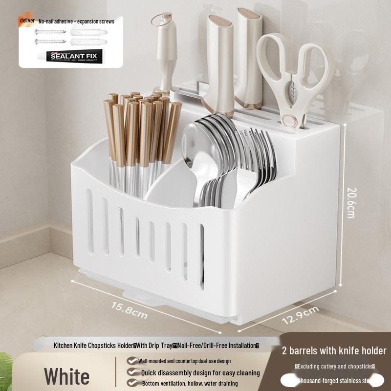 White Drill-Free Wall-Mounted Kitchen Organizer with Double Knife & Chopstick Holders