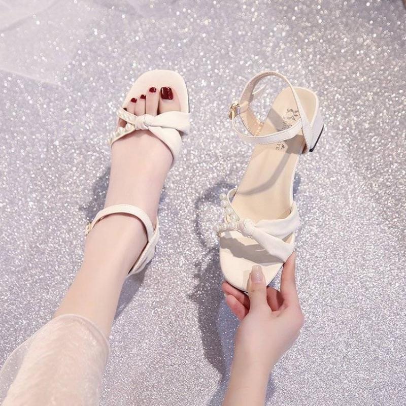 Мода Одно Слово Зеленые Летние 2024 Сандалии для Женщин Бант Жемчуг Бежевые Женская Обувь Обувь Удобная и Элегантная Обувь Корея Сандалия F H