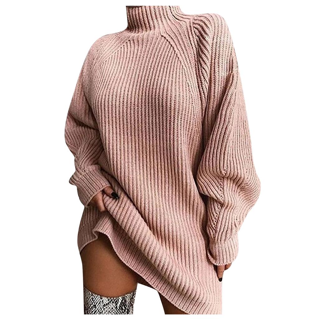 Women's Fashion Casual Knitting Solid Color Long Sleeve Turtleneck Sweater Dress