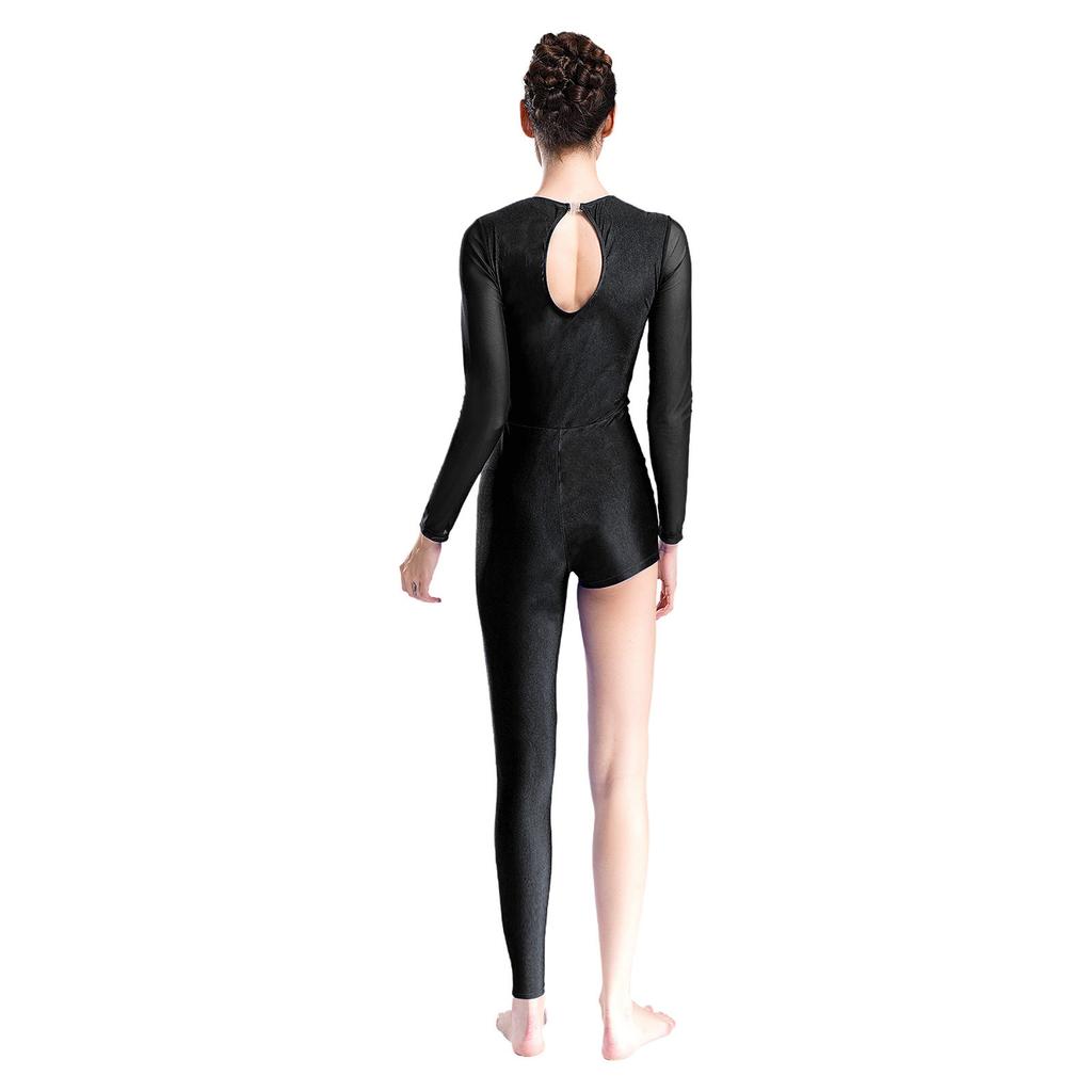 Womens Dance Jumpsuit Sheer Mesh Inserts Long Sleeve Style Keyhole Back Detail Sparkling Rhinestones Bodysuit