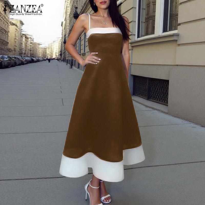 ZANZEA Womens Patchwork Casual Summer Sleeveless Sling Long Dress