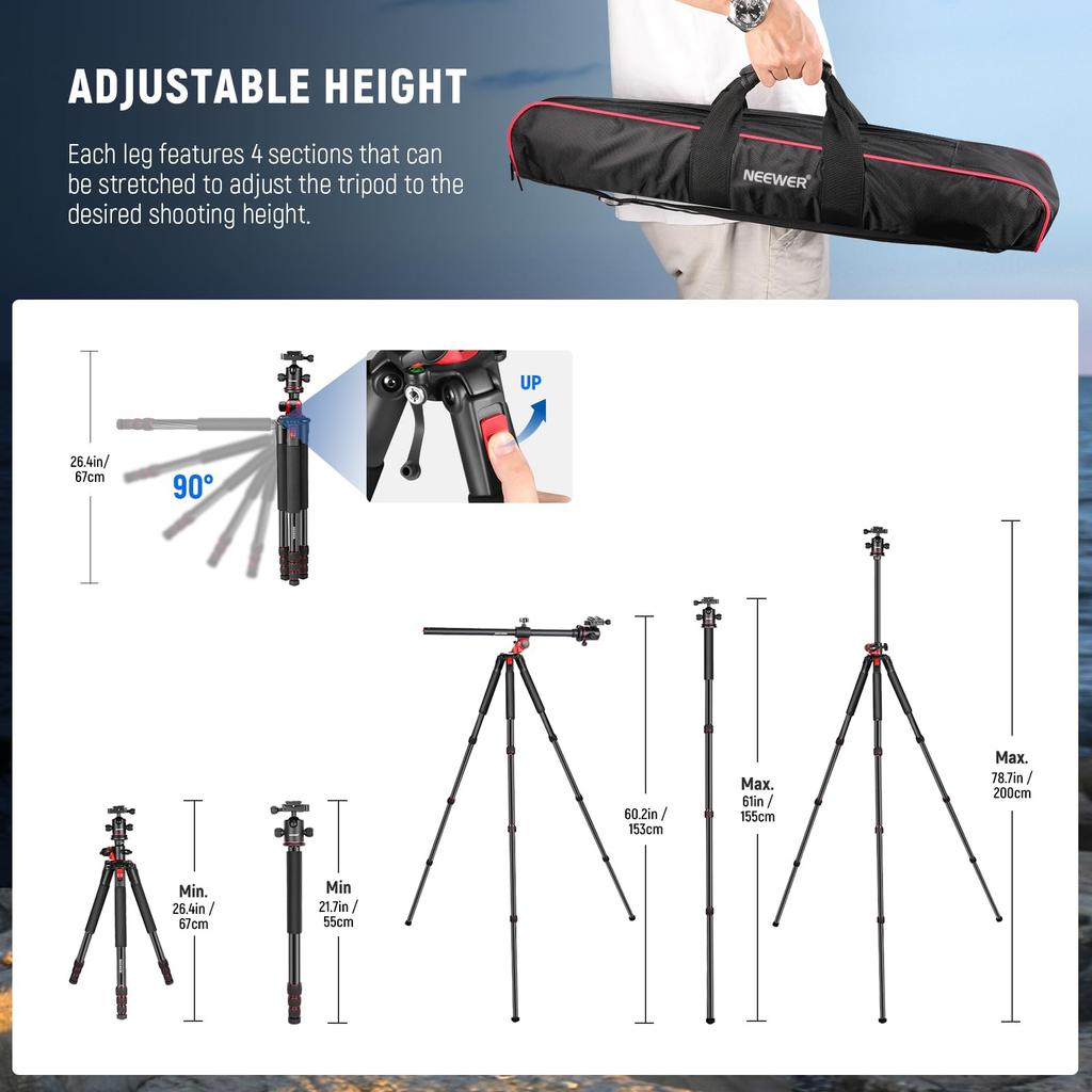NEEWER 200cm Camera Tripod Monopod with Center Ball QR and Horizontal Tripod with Overhead Camera Mount for Overhead Suitable for Made of Aluminum