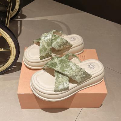 Модные женские тапочки с толстой подошвой, летние новые домашние тапочки с крестиком, кружевные цветочные женские туфли