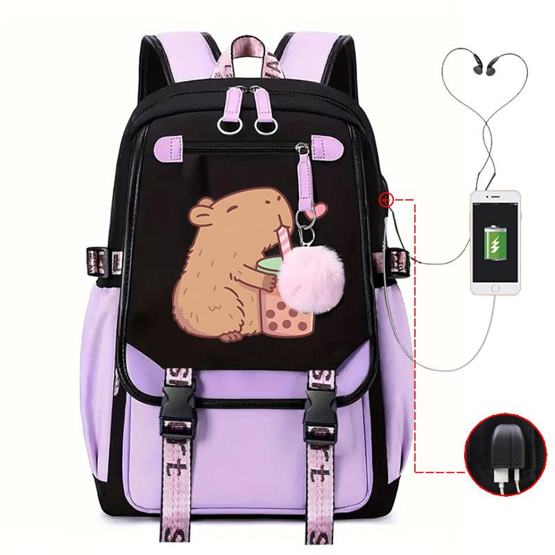 Милый рюкзак для отдыха и путешествий с принтом капибары и многофункциональным USB-портом