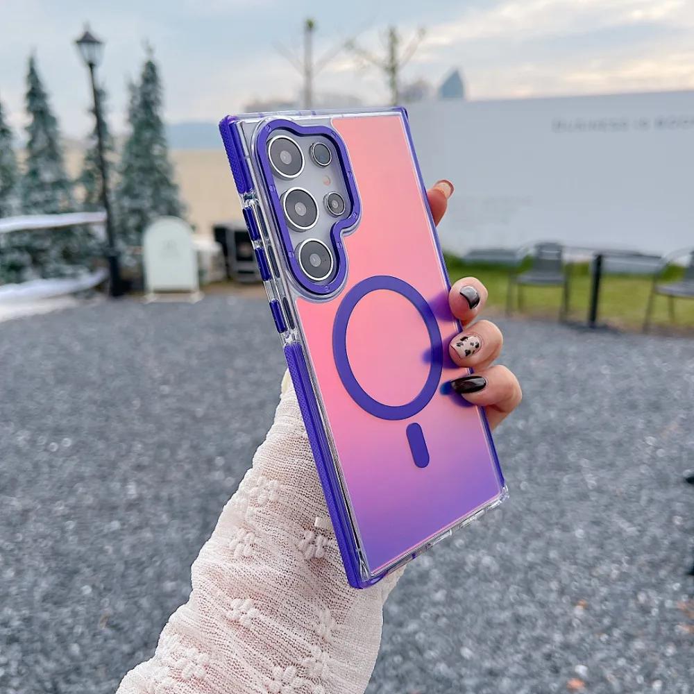 Металлический чехол для телефона MagSafe для Samsung Galaxy S25 S24 Ultra S23 Plus S22 S21 A53 A54 A55 Беспроводная зарядка Изменяющий цвет чехол