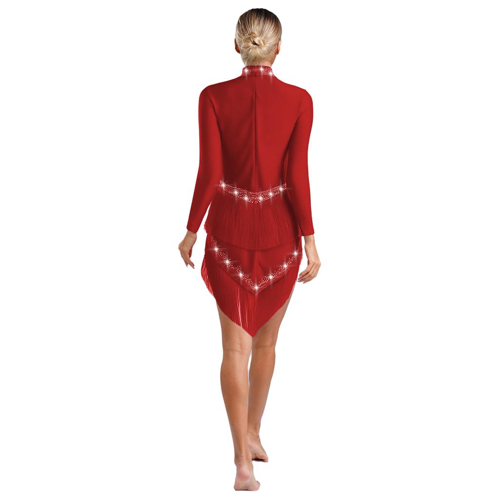 Women's Latin Dance Dress S-XXL - Shiny Rhinestones Mock Neck Long Sleeve with Tassels & Irregular Hem Stage Costume