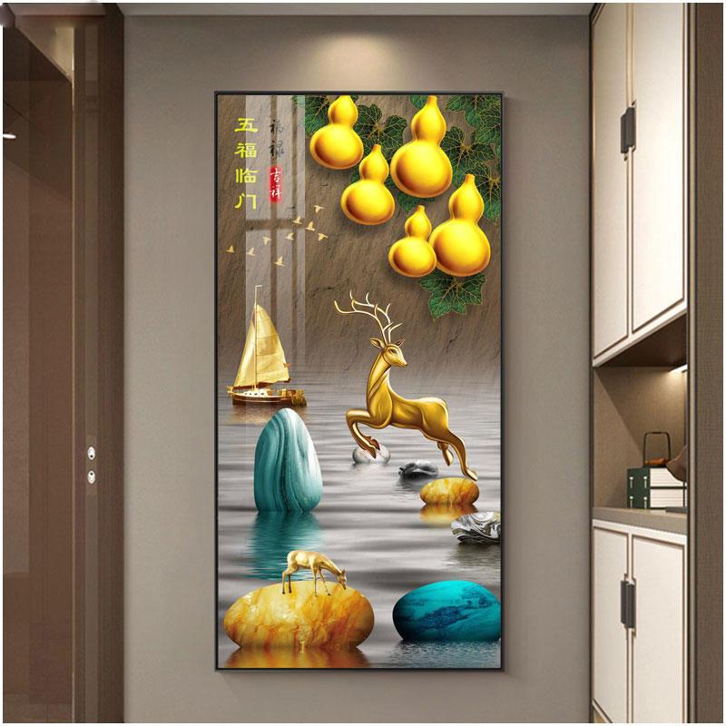 Abstract Fengshui Golden Zen Stone Canvas Painting Golden Moon Deer Wall Art Rich Tree Posters for Porch Wall Decor No Frame