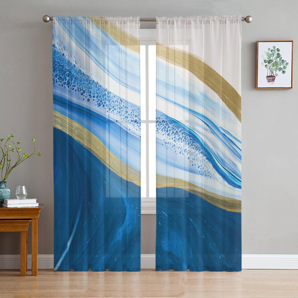 Роскошные Тюлевые Шторы Бирюзовые Градиентные Мраморные Узоры Гостиная Кухня Шифоновая Занавеска Молодежная Спальня Прозрачная Половая Занавеска