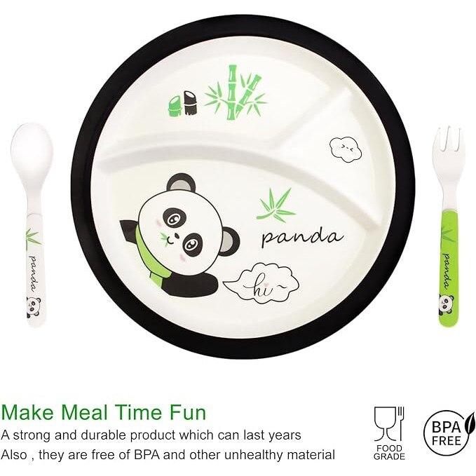 5-Piece Bamboo Panda Baby Feeding Set, Natural Eco-Friendly Reusable Plate Bowl Spoon Fork, Cute Toddler Kitchen Accessories