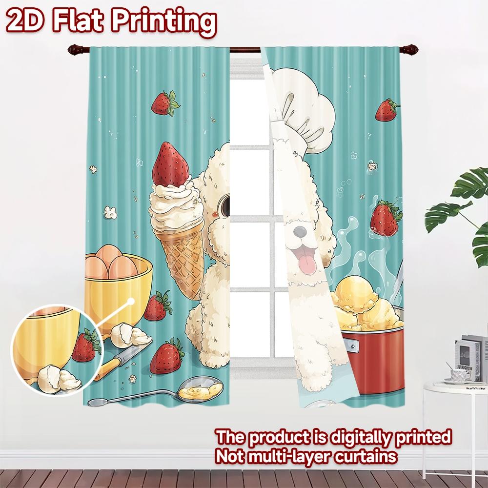 2D flat printing 2pcs Curtains Cute dog chef strawberry ice cream Digital Printed Polyester Drapes Family Party Decoration Use