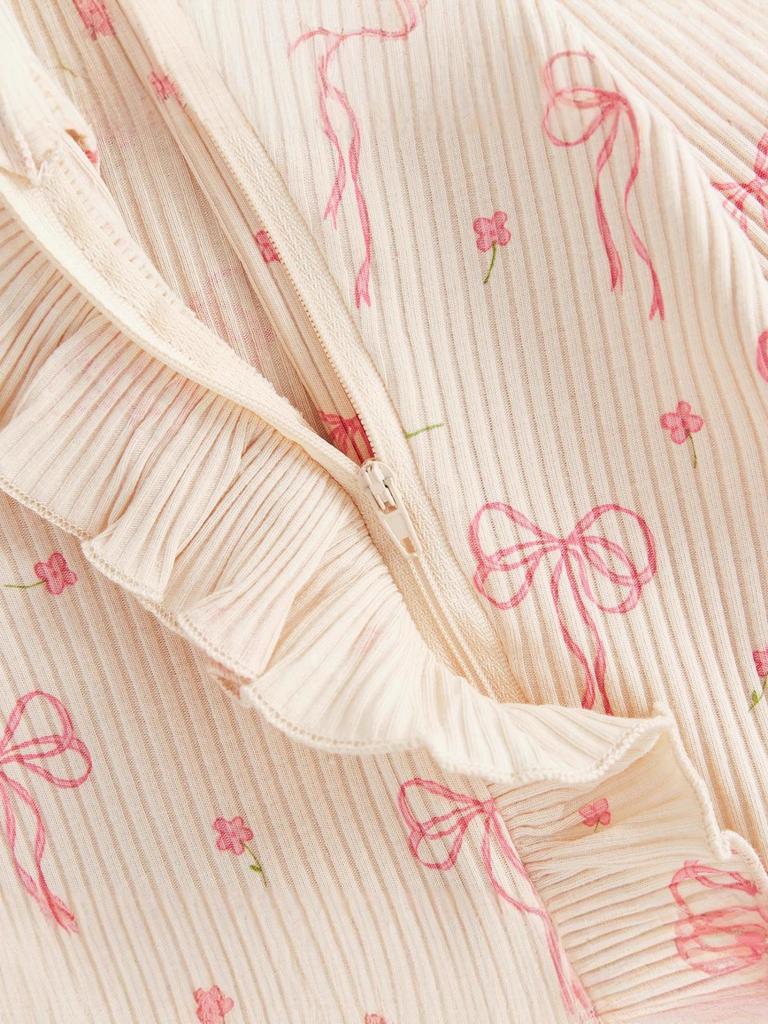 Боди с принтом бабочек, длинным рукавом и бантом - Хлопковый в рубчик для новорожденных, Весенне-осенний стиль