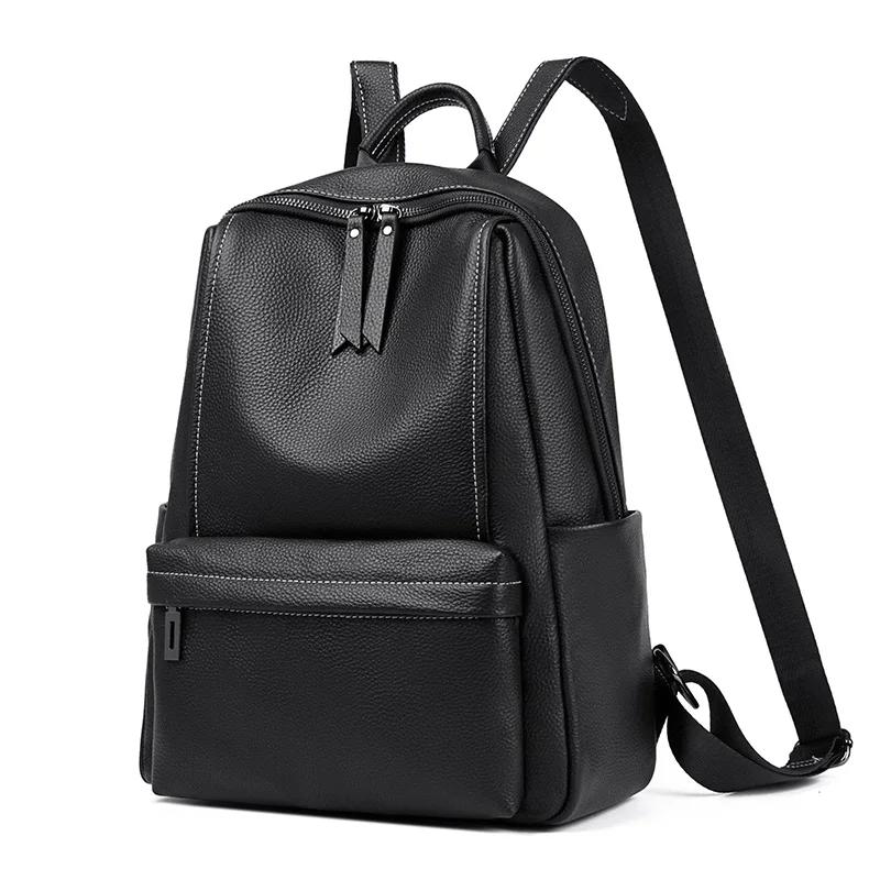 Soft Genuine Leather Feminine Large Casual Versatile Cowhide Shoulder Bags School Backpack Travel Multi-pockets