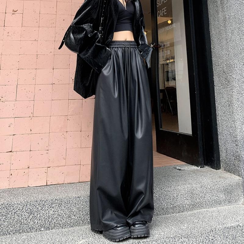 Модные уличные черные широкие брюки из искусственной кожи, женские однотонные прямые свободные повседневные брюки, женские элегантные облегающие винтажные женские брюки с высокой талией 25620