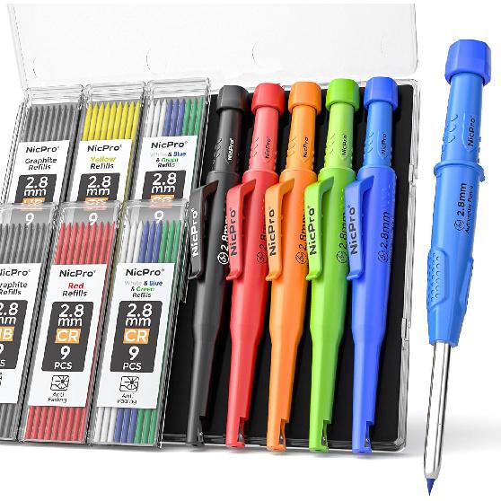 Nicpro 4 Pack CP3000 Carpenter Pencils with Sharpener, Mechanical Pencil Set with 76 Refills, Heavy Duty Construction Pencil, Carpenter Tools for