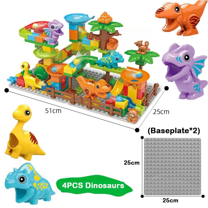 Dinosaur Marble Run Large Building Blocks STEM Ball Race Track for Boys Girls with Functional Marbles Maze Game Toys for Kids