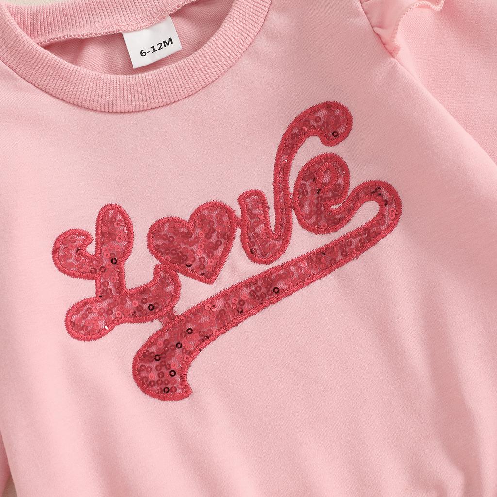 Осенний наряд для девочки, летающий топ с длинными рукавами и круглым вырезом, принтом в виде букв и сердец, с пайетками и брюками с галстуком-бабочкой