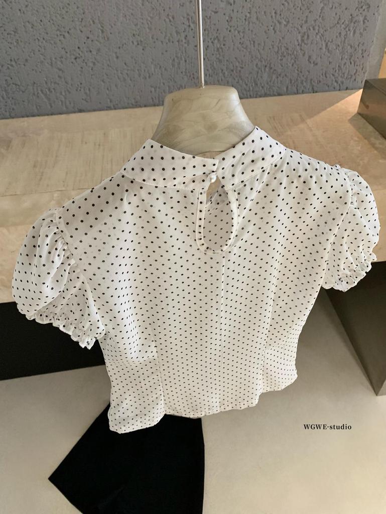 Polka Dot Short-Sleeve Shirt with Pleated Waist - Women's Spring/Summer Trendy Top