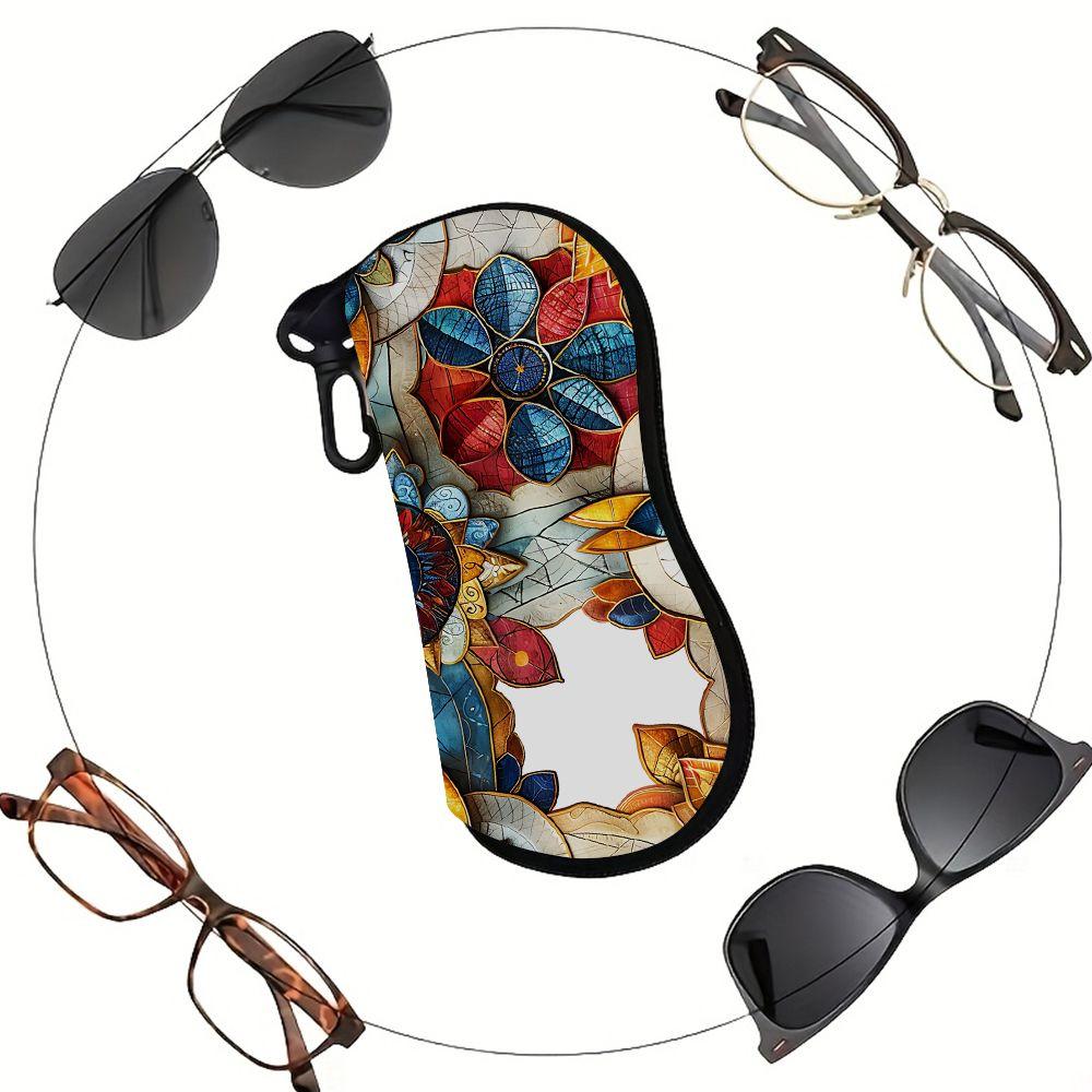 2D-Bohemian Mosaic Floral Patterned Sunglasses Case, Protective Zipper Eyeglasses Holder, Stylish Travel Eyewear Pouch, Vintage Design Glasses Accesso