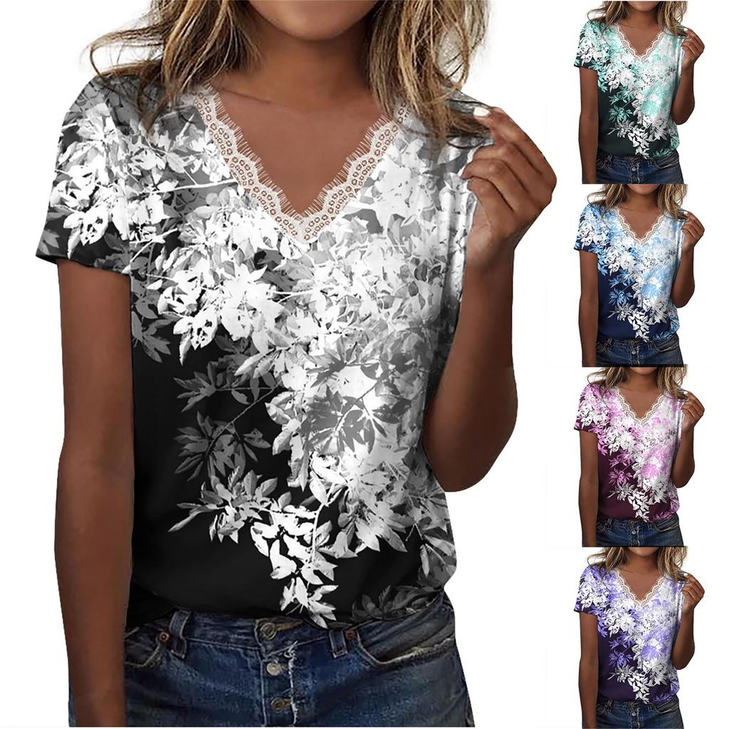 Women's Lace Short Sleeve Shirt V Neck T-Shirt Dressy Casual Tops Raglan Short Sleeve Lace Short Sleeve Panel Comfortable Cotton Top