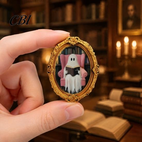 Decorative Magnetic Decor Halloween Ghost Fridge Magnet, Vintage Oval Frame Refrigerator Magnet Wooden Kitchen Decoration Accessories, Party