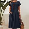Summer Women Plus Size Dress Long Solid Cotton Linen Round Neck Pockets Pleated Short Sleeve Dresses