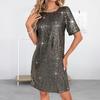 Yousheng Women's Crew Neck Sequin Dress Sexy Short Sleeve T-shirt Mini Dress Sparkly Loose Party Club Cocktail Dress