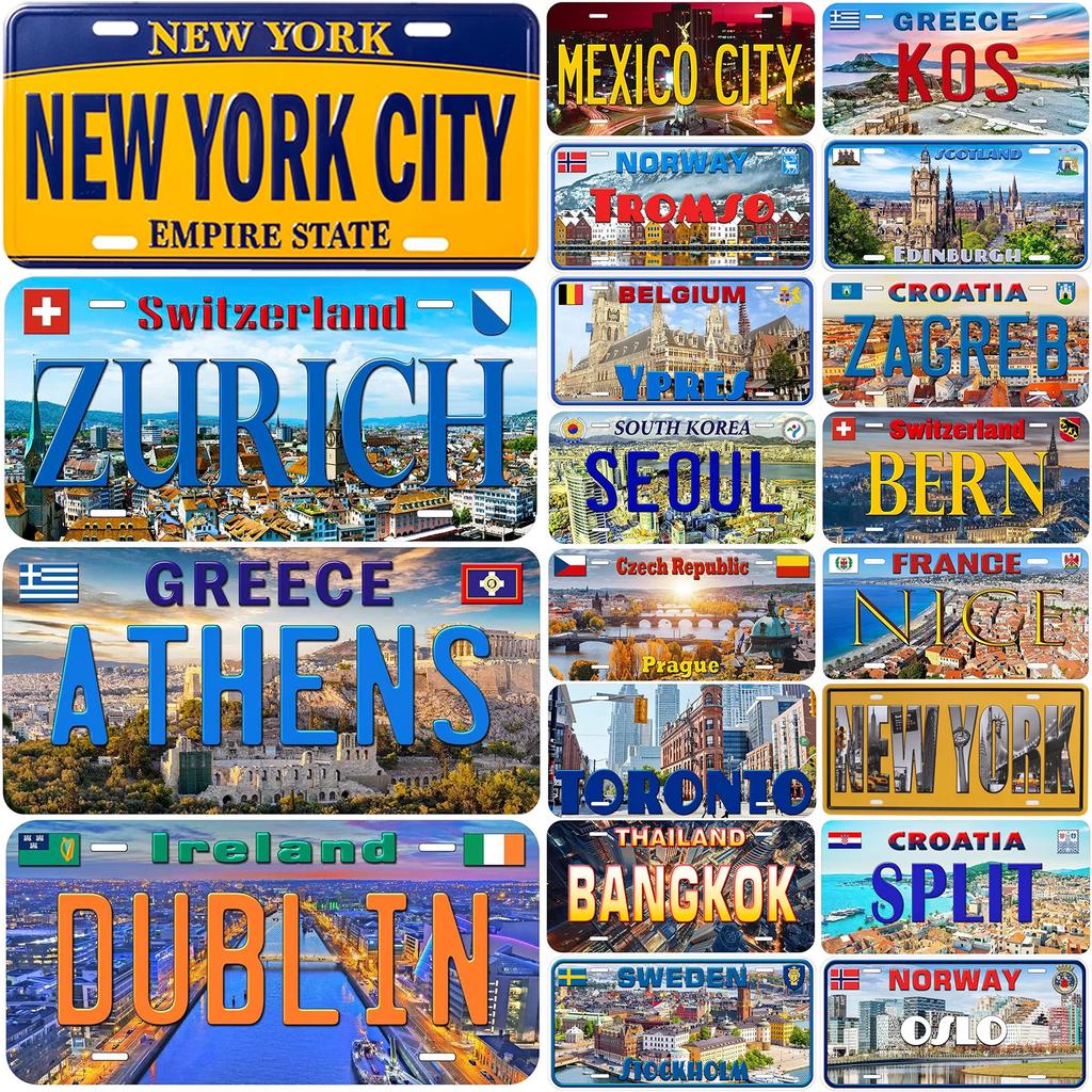 Vintage License Plates Decoration Signs Vintage New York Zurich Dublin Athens City Tags Metal Automotive Signs For Car Front