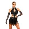 Women Latin Dance Fringed Dress Cutout Sleeveless Strappy Waist Tassel Hem Sequined Dress with Long Gloves