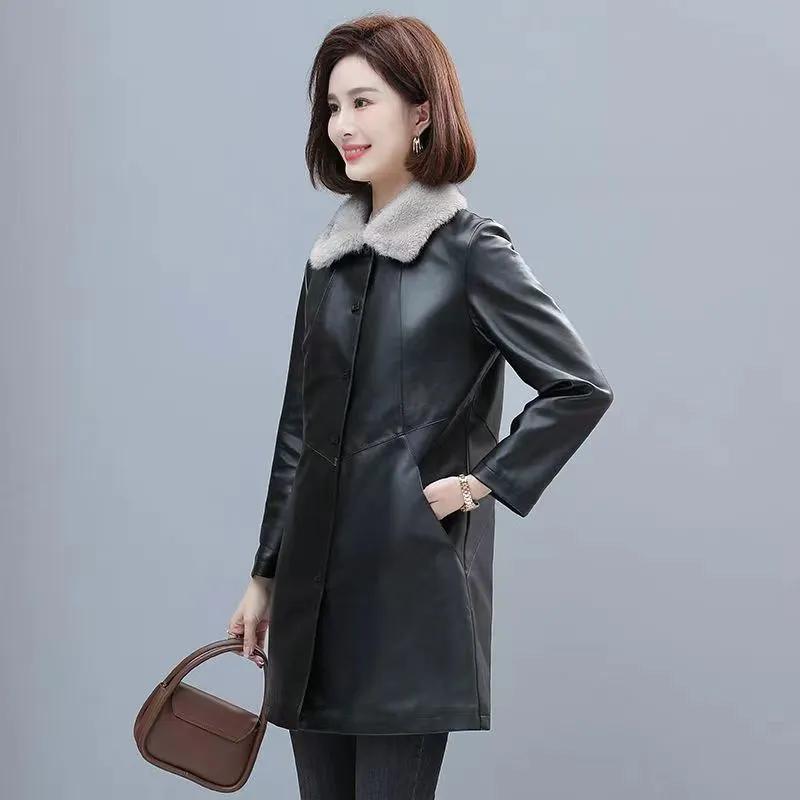Haining Autumn and Winter Plus Cotton Winter Thick Leather Jacket PU Western Style Mid-length Loose Women's Windbreaker