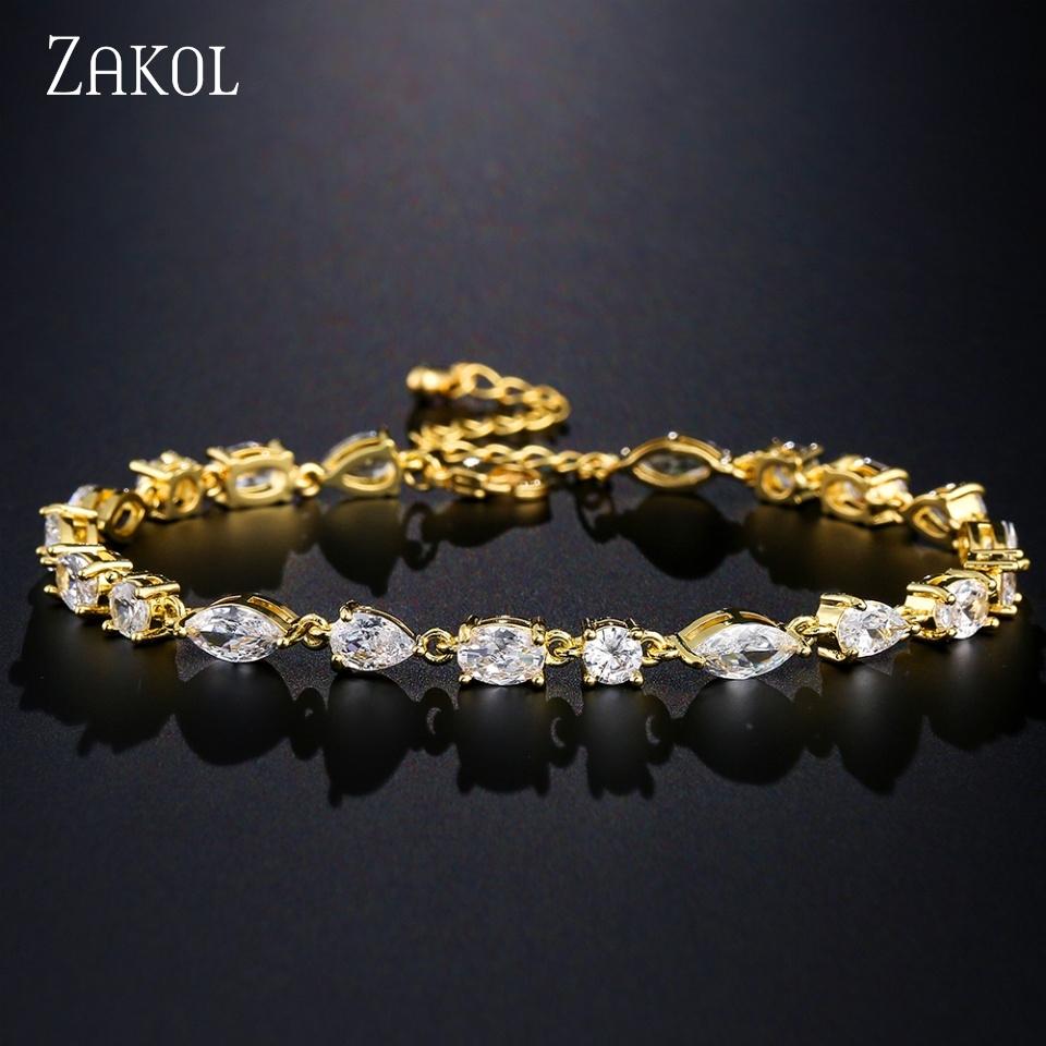 ZAKOL Fashion Personalized Micro-set CZ Zircon Women's Link Bracelet Shiny Exquisite Bride Wedding Party Jewelry