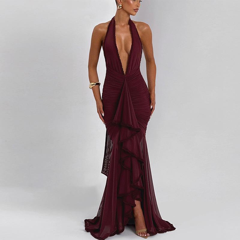 2026 European & American Mesh Patchwork Elegant V-Neck Halter Backless Hip-Hugging Maxi Dress