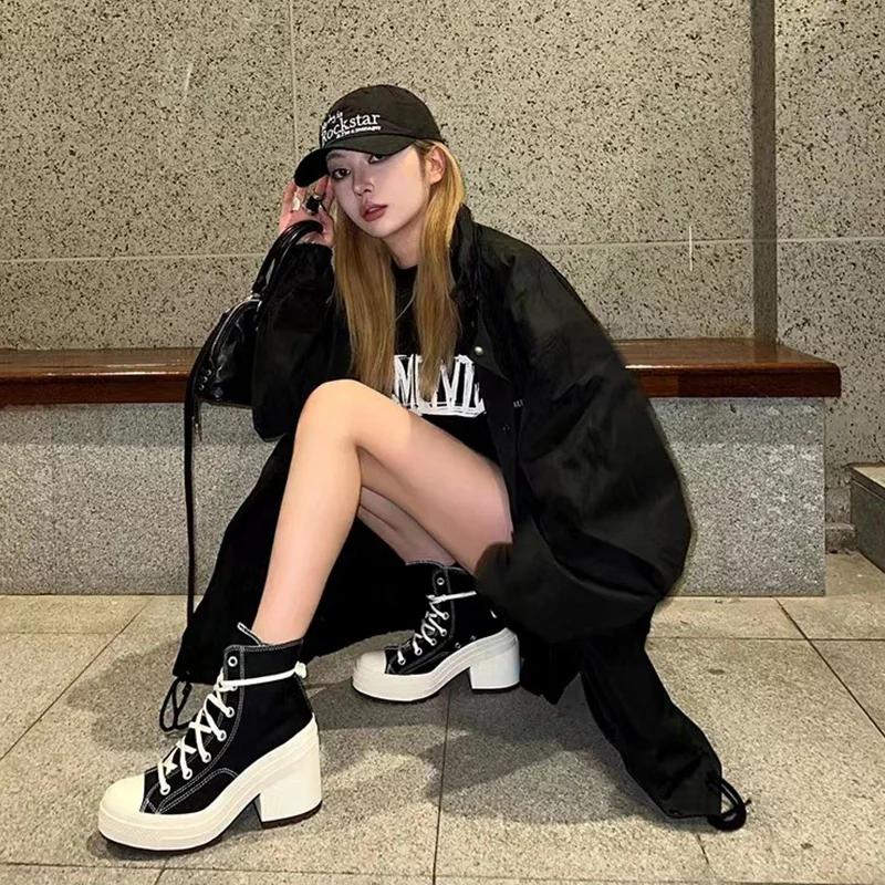 Модные женские высокие парусиновые туфли, модные ботильоны на шнуровке с высоким каблуком и платформой, классические повседневные уличные кроссовки, большие размеры 36-42