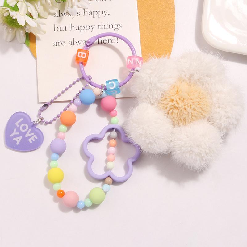 Lovely Plush Flower Keychain Creative Colorful Bead Chain Keyring For Girls Cute Backpack Pendant Bag Decoration