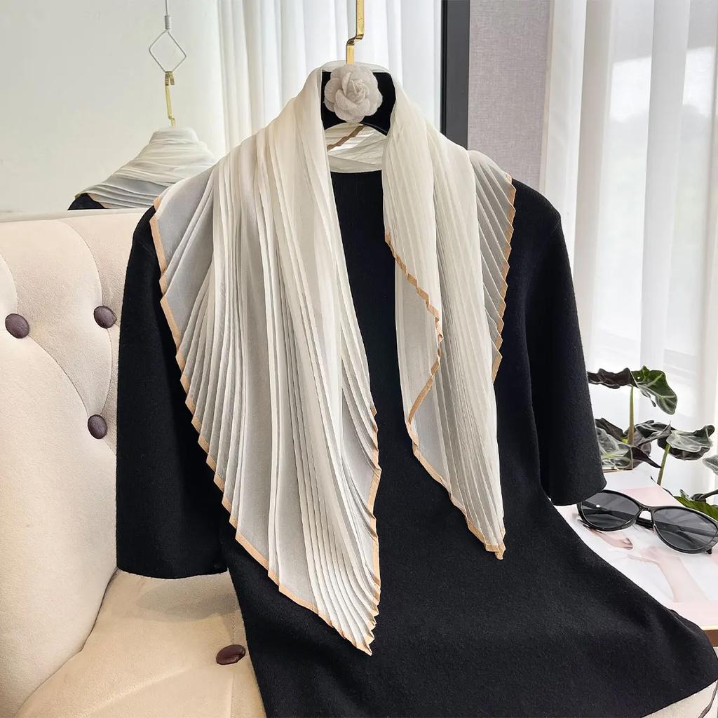 Women Pleated Satin Solid Scarf Headscarf Neckerchief Square Shawl Hair Tie Band HandKerchief Satin Foulard Scarves Decorative