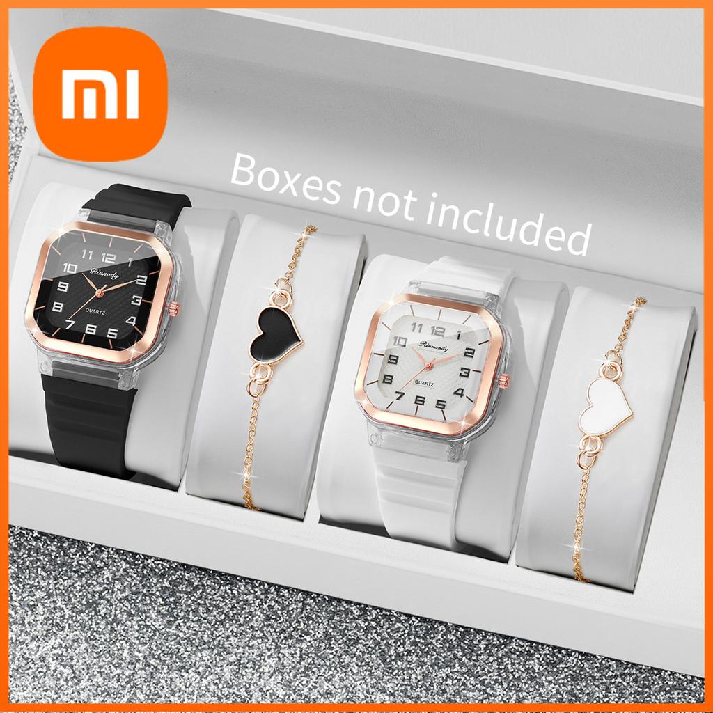 Xiaomi 4 шт. Модные квадратные женские наручные часы с арабским циферблатом, набор браслетов, силиконовый ремешок, кварцевые часы для женщин(Без коробки)