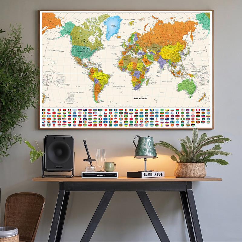 World Map-Countries with Cities,Polyester Wall Hanging,for Kids' Room,Living Room,Dorm,Educational Decor,Wall Art,Travel Tools