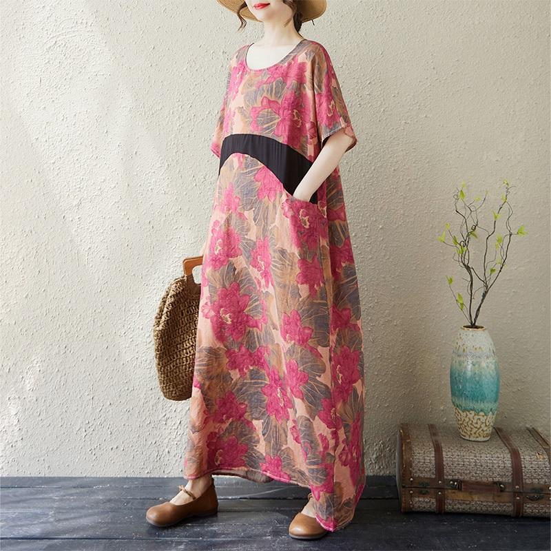 Новое хлопковое винтажное платье с цветочным принтом больших размеров с коротким рукавом для женщин, повседневное свободное длинное летнее платье