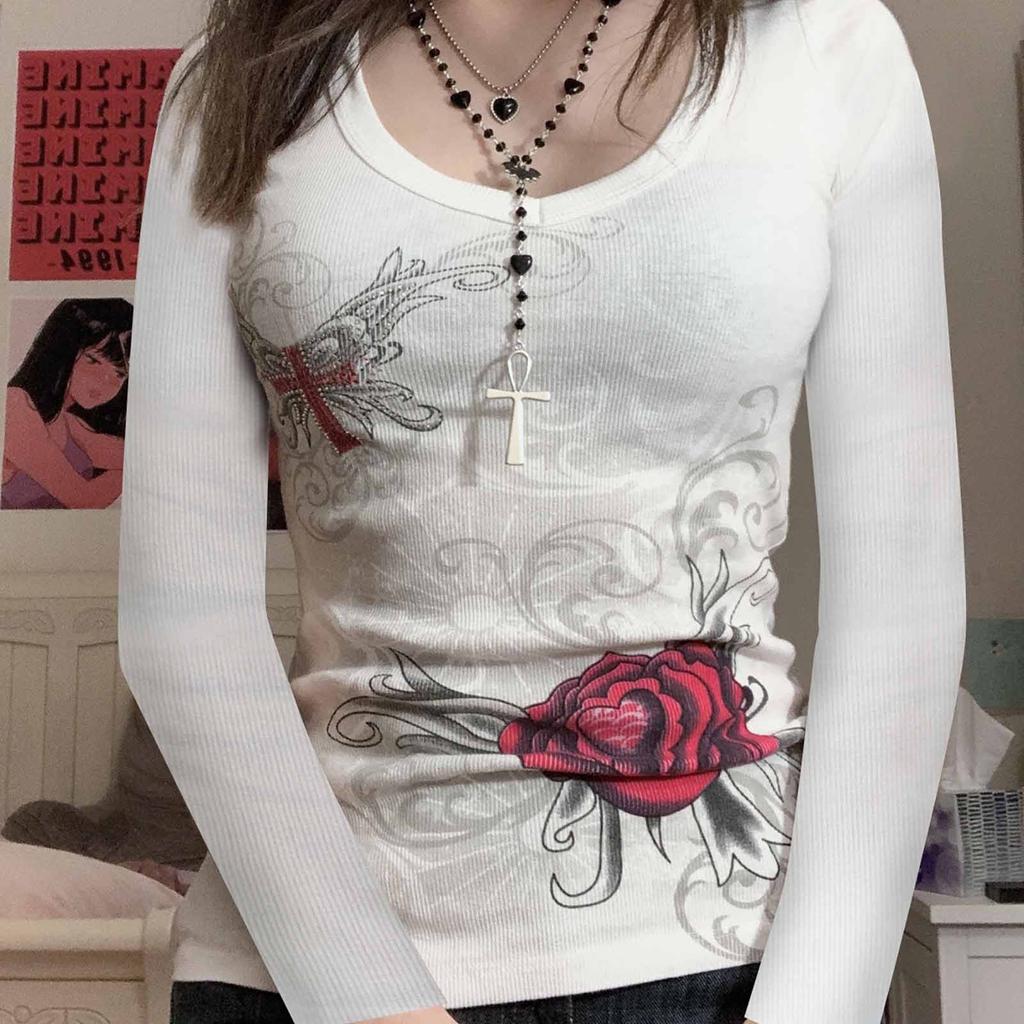 Женская винтажная рубашка с длинным рукавом и принтом роз, укороченный топ с V-образным вырезом, облегающая футболка