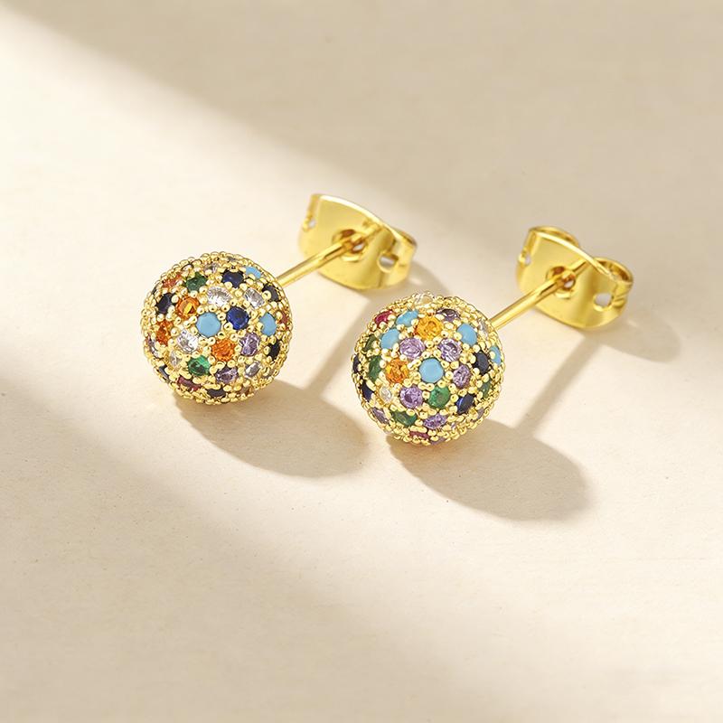 QIKU New Arrival Ball Shape Stud Earrings Colorful Shiny Crystal Rainbow Copper Zircon Women Party Wedding Jewelry Accessories