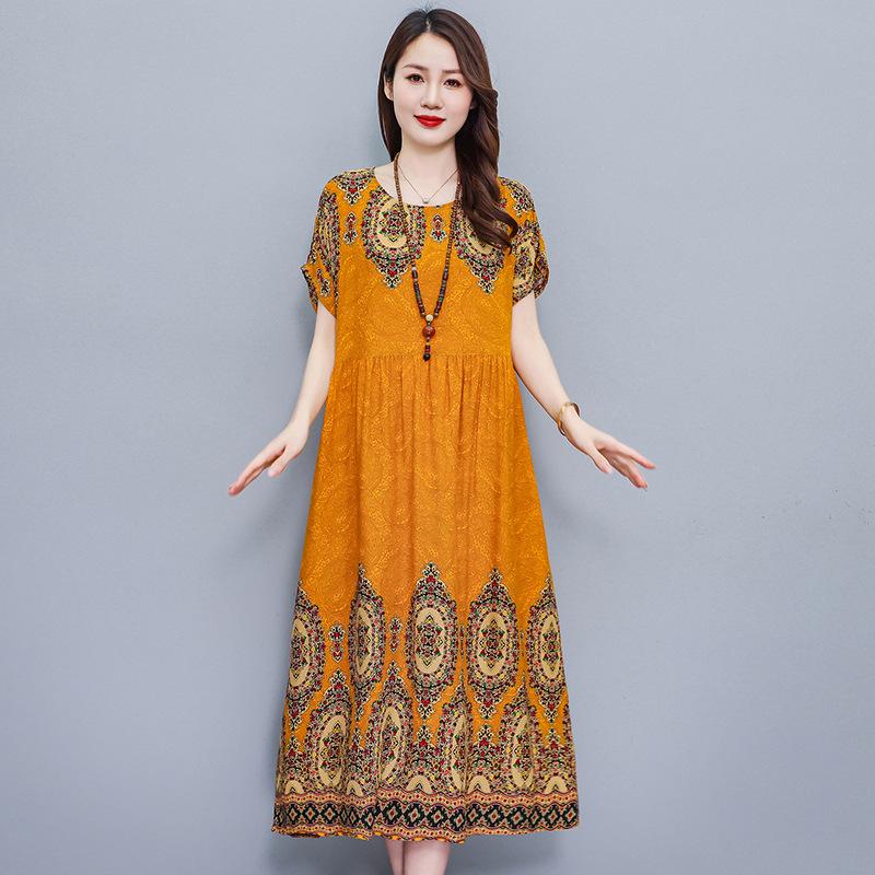 Mom cotton silk dress summer middle-aged and elderly women's clothing short sleeves high-end temperament rayon skirt with pockets