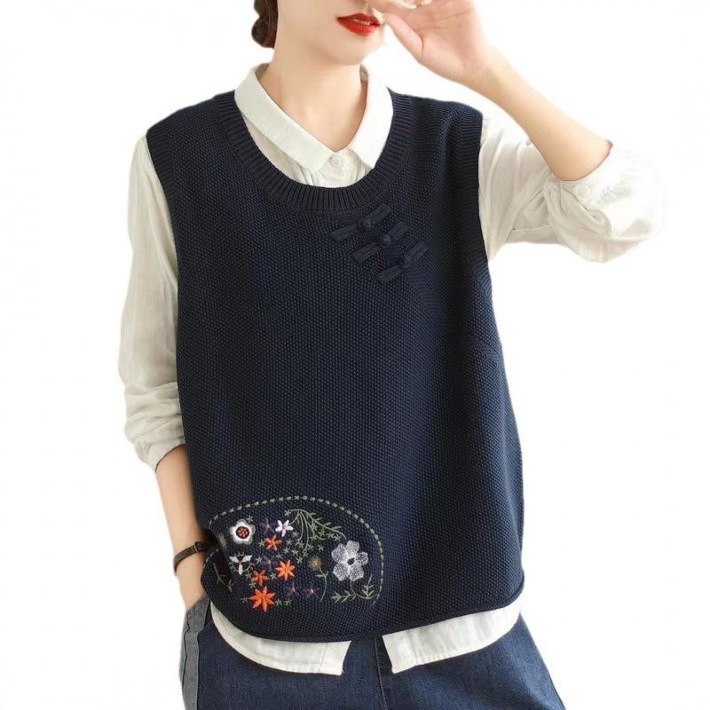 Женский вязаный жилет с культурной застежкой-пуговицей и вышивкой, новинка весны и осени, свитер-жилет с круглым вырезом