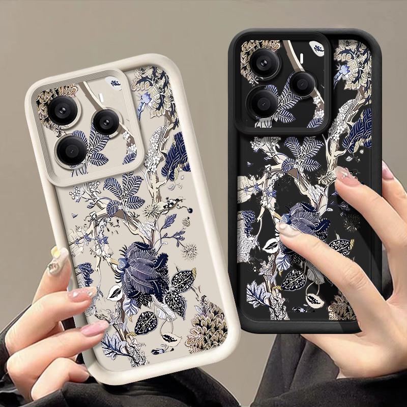 Luxury Retro Dark Floral Pattern Case For Xiaomi Redmi Note 14 13 Pro 5G 12 11 Funda Xiaomi 14T 13T 11T Pro Shockproof Bumper Silicone Cover