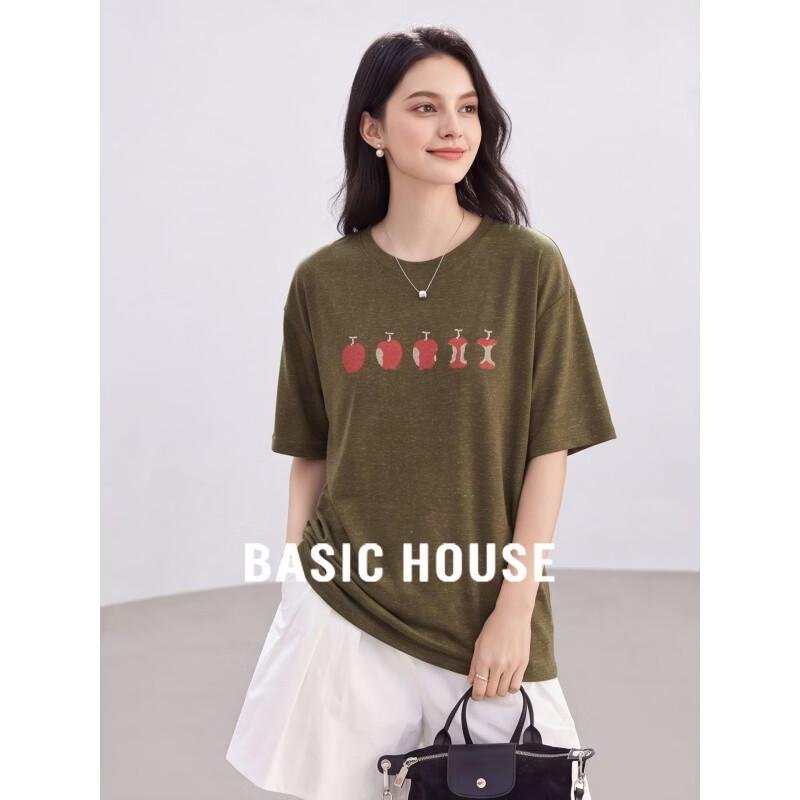 Базовая женская футболка Basic House с принтом, круглым вырезом, из смесовой льняной ткани