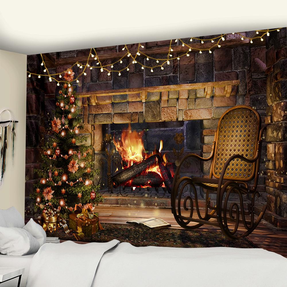 Christmas Fireplace Tapestry Home Decor Psychedelic Scene Christmas Tree Tapestry Boho Room Wall Decor Backdrop Fabric