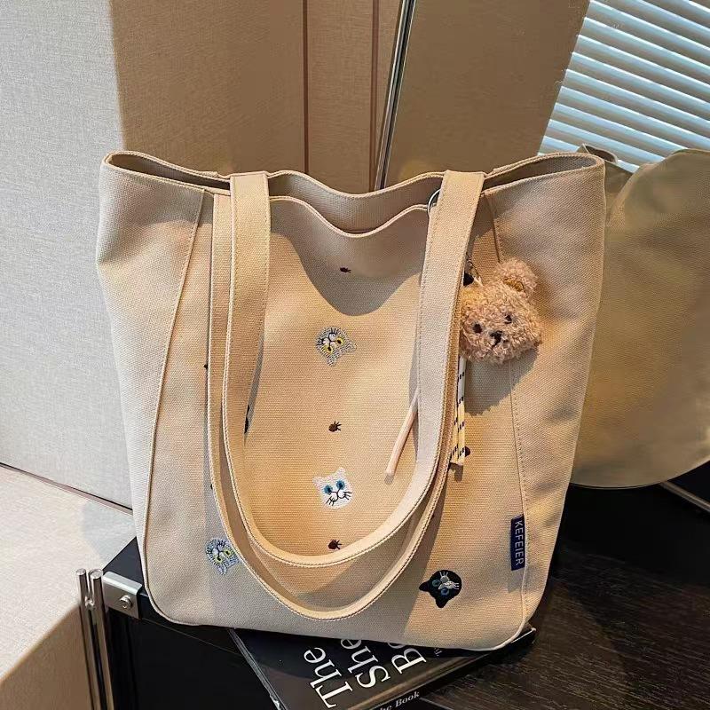 Милая Вышивка Мультяшная Холщовая Сумка Через Плечо Простая Повседневная Большая Вместимость Винтажная Сумка-Тоут для Поездок на Работу для Женщин
