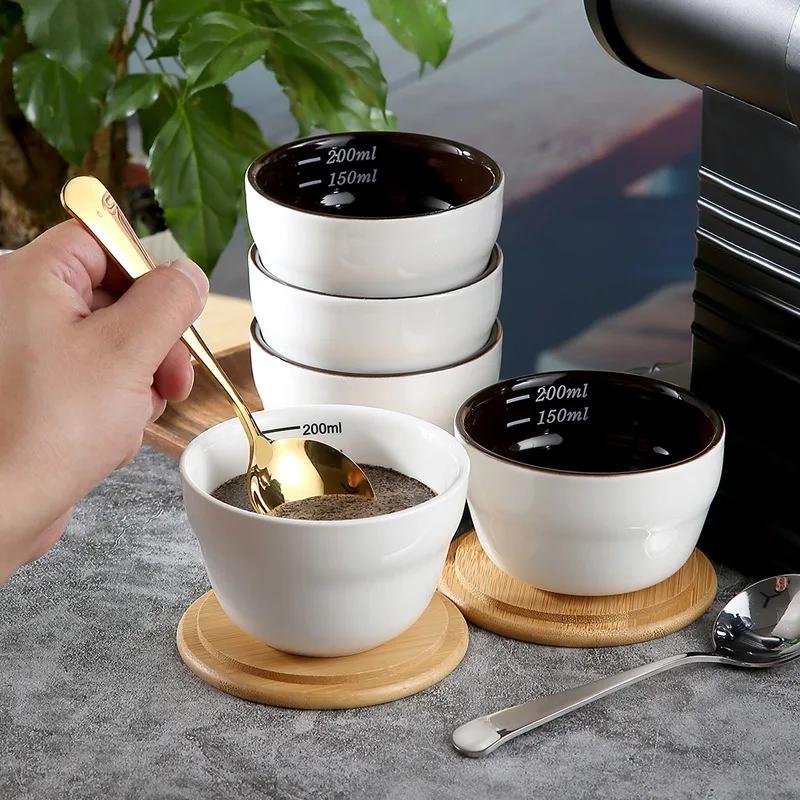 200ml Ceramic Coffee Cup Thickened Measuring Bowl Heat Resistant U Cupping Cup with Spoon Espresso Measuring Cup with Scale
