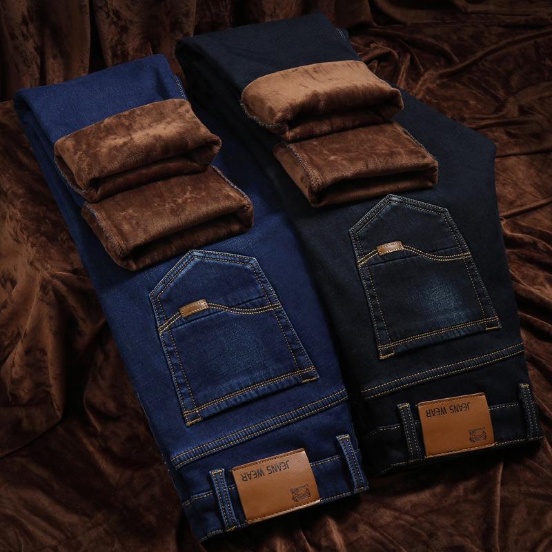 2024 Осень/Зима Новые Плюшевые Толстые Джинсы Мужские Облегающие Эластичные Прямые Брюки Повседневные Мужские Брюки