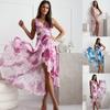 Elegant V-neck Irregular Hem Long Dress 2024 Women Casual Sleeveless Pleated Chiffon Dress Fashion Print Hight Waist Party Dress