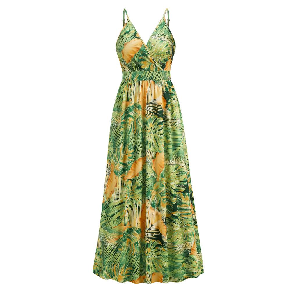 Women's V Neck Bohemian Strap Printed High Waist Sling Floral Dress