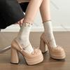 Fashion Super High Heel Mary Jane Shoes Women's Retro Round Toe Shallow Mouth Bow Platform One Strap Block Heel Solid Pumps Single Shoes